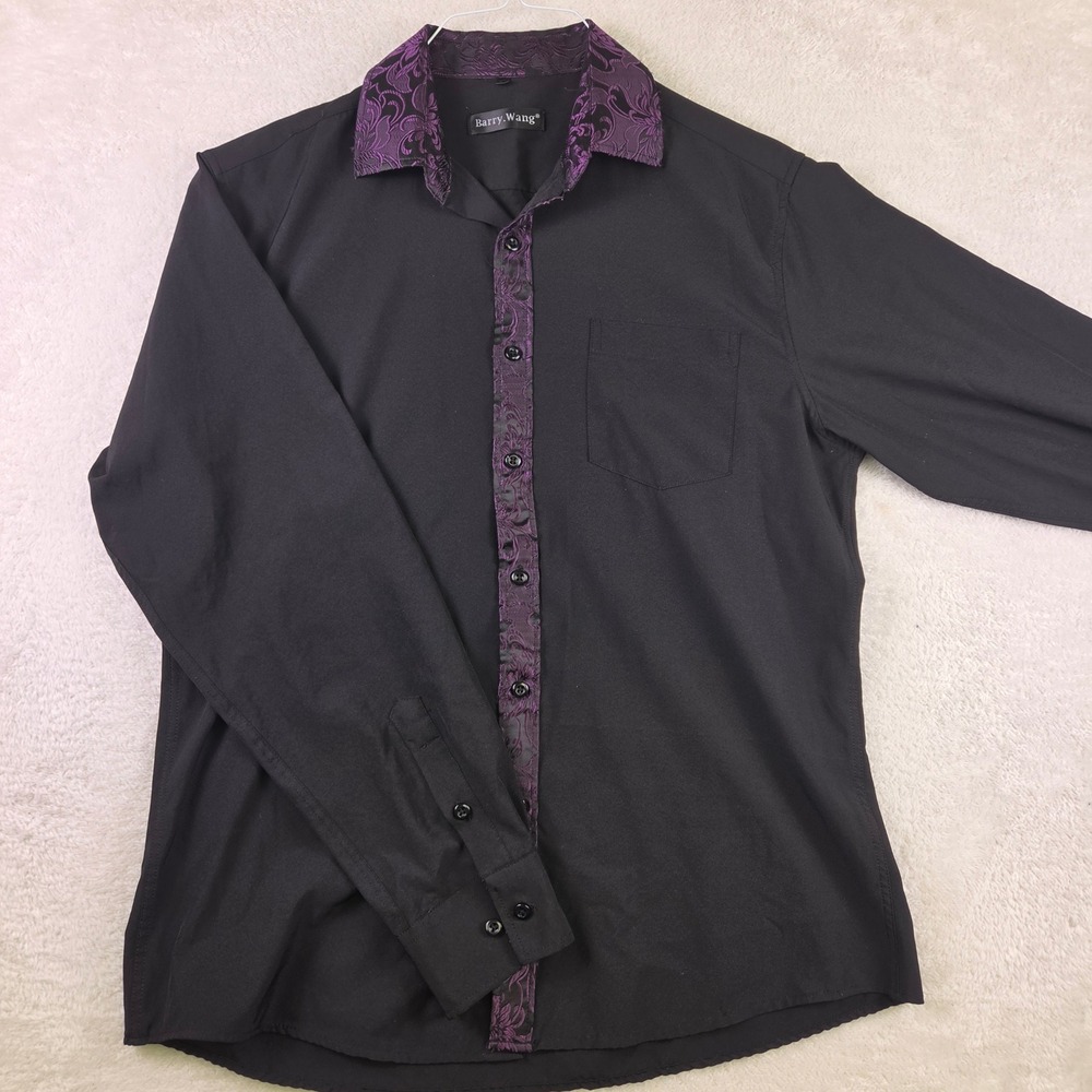 Barry Wang Mens Black Purple Paisley Contrast Silk Blend Button Down Shirt M